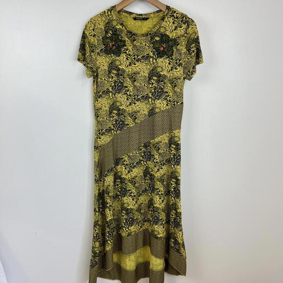 Desigual Women's Small Duna Yellow Floral Print Midi Short Sleeve Dress Cut Out - Picture 6 of 13